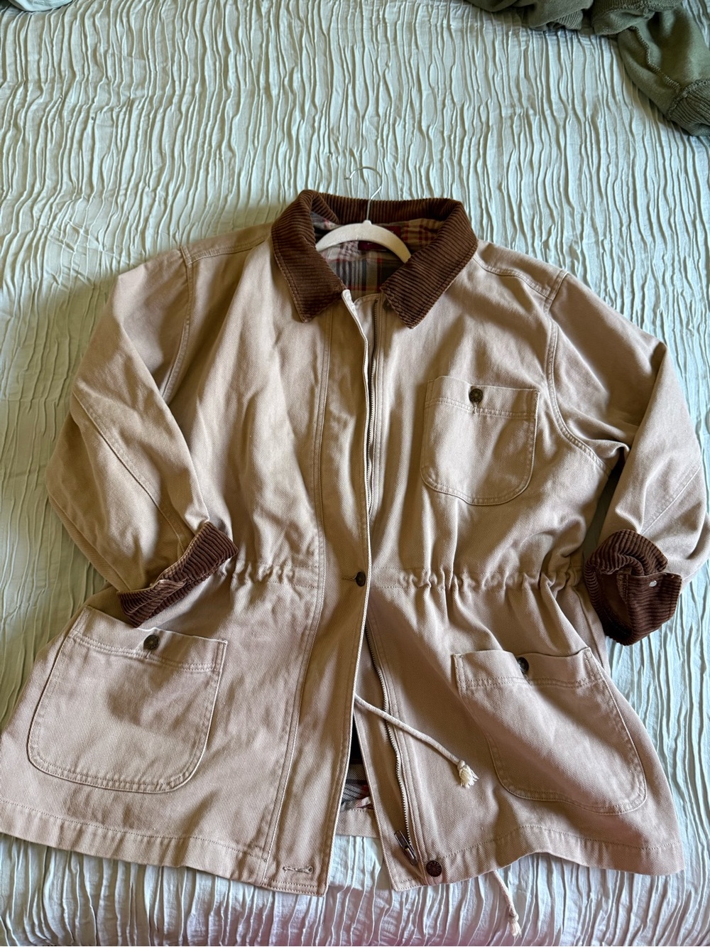 100% cotton Lined Denim & Co. Beige Utility Jacket with Brown Corduroy Trim